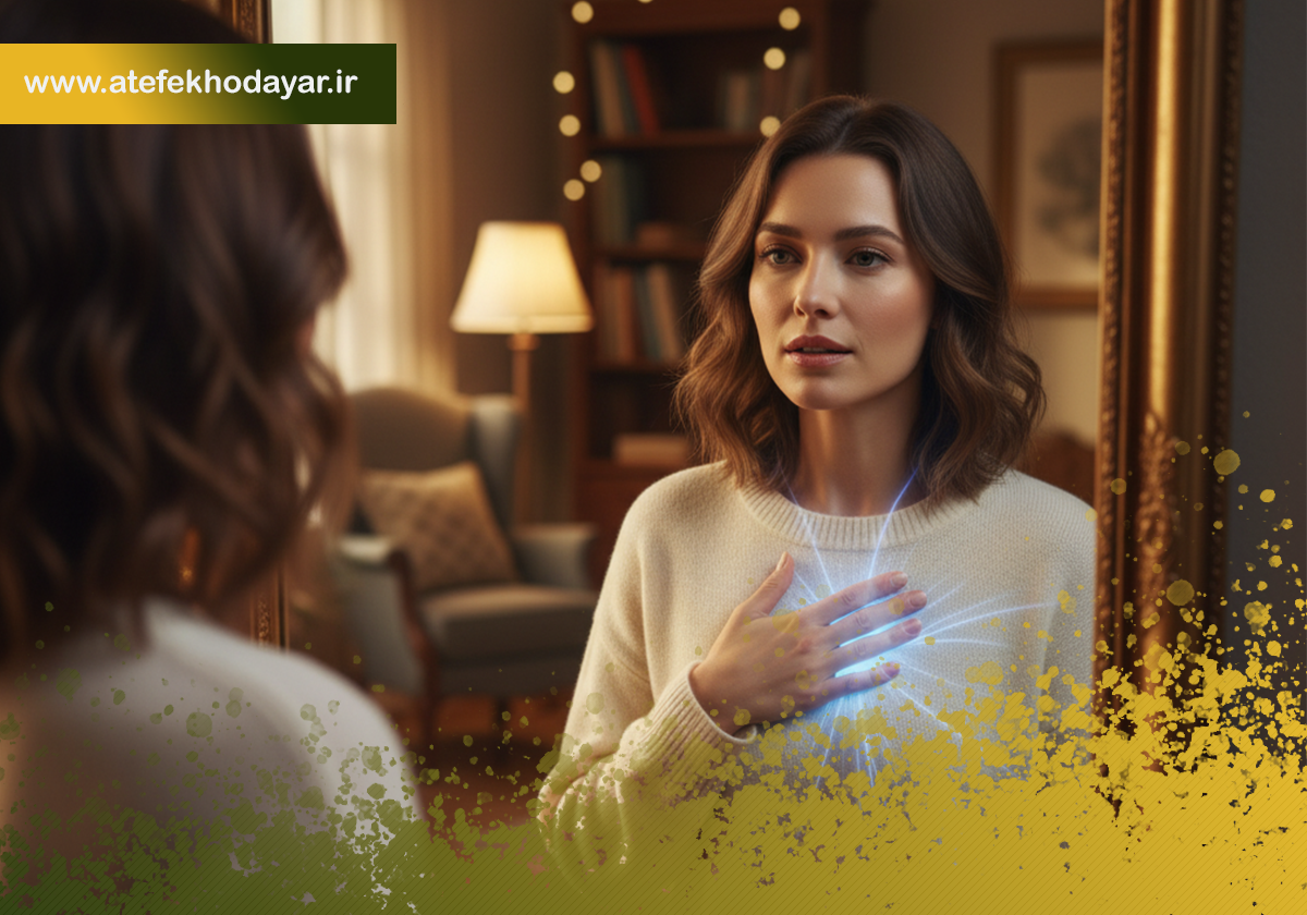 تصویری از زنی که با حالت متفکر و دست روی قلبش در مقابل آینه ایستاده است، با تابش نور آبی از ناحیه قلب او. این تصویر نشان‌دهنده تمرین خودپذیری و دوست داشتن خود برای افزایش اعتماد به نفس است.