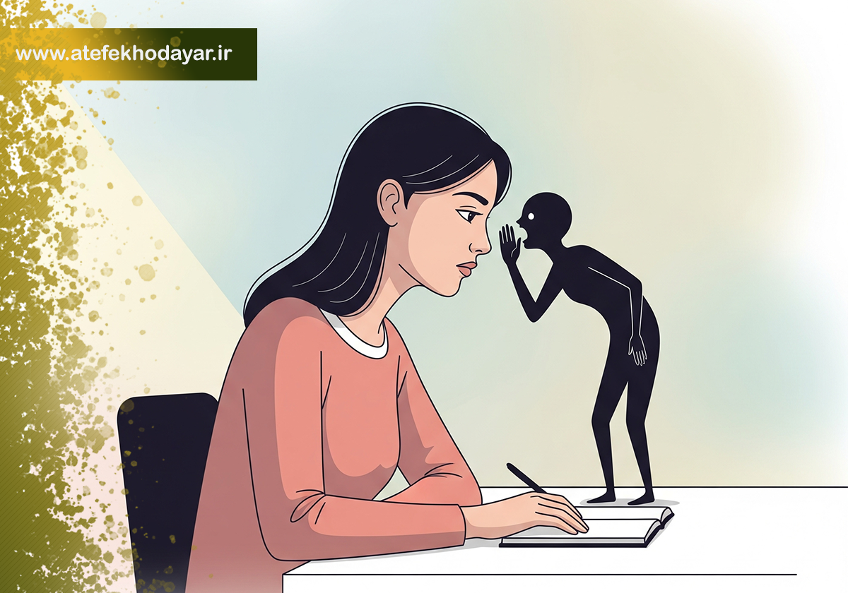 «تصویری نمادین از زنی که منتقد درونیاش در گوش او زمزمه میکند.»