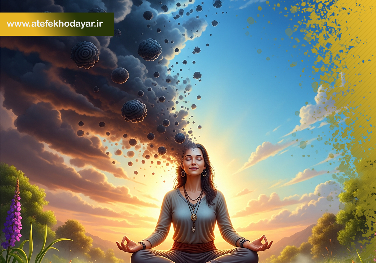 «زنی در حال مدیتیشن که افکار منفی به شکل ابرهای تاریک از ذهنش دور میشوند.»