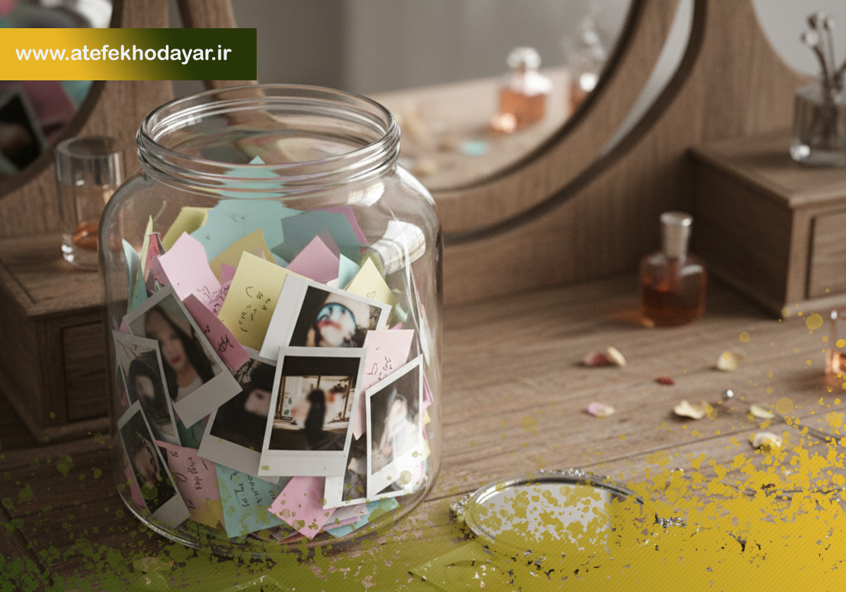 شیشهٔ پر از کاغذهای رنگی و عکسهای پولاروید روی میز آرایش