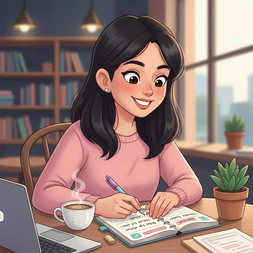 زنی که در حال یادداشتبرداری در دفترچه برنامهریزی است و لبخند میزند